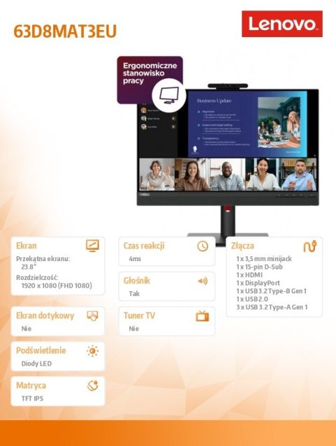Monitor 23.8 cala ThinkVision T24v-30 WLED LCD 63D8MAT3EU Monitor 23.8 cala ThinkVision T24v-30 WLED LCD 63D8MAT3EU