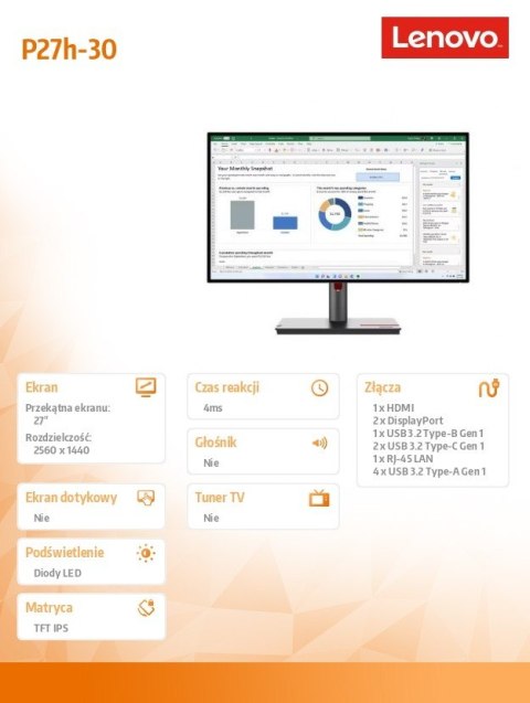Monitor ThinkVision P27h-30 27 cali 63A1GAT1EU Monitor ThinkVision P27h-30 27 cali 63A1GAT1EU