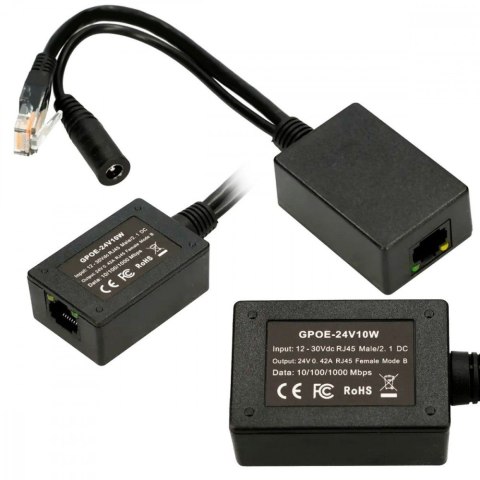 Inwerter PoE 1 portowy wejście 1x1000Mb/s RJ45/Jack 10-24V, wyjście 24V Inwerter PoE 1 portowy wejście 1x1000Mb/s RJ45/Jack 10-24V, wyjście 24V