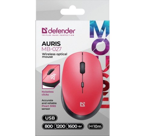 Mysz bezprzewodowa silent click AURIS MB-027 800/1200/1600 DPI czerwona Mysz bezprzewodowa silent click AURIS MB-027 800/1200/1600 DPI czerwona