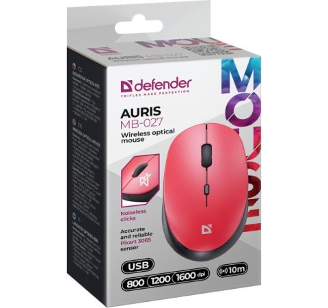Mysz bezprzewodowa silent click AURIS MB-027 800/1200/1600 DPI czerwona Mysz bezprzewodowa silent click AURIS MB-027 800/1200/1600 DPI czerwona