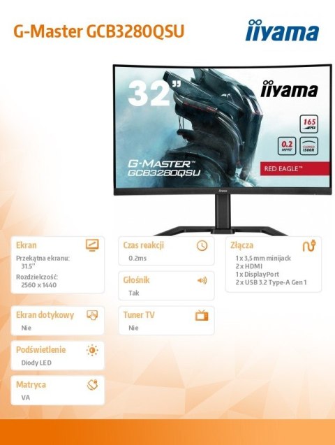 Monitor G-Master 31.5 cala GCB3280QSU-B1 VA,QHD,165Hz,1500R,0.2ms,2xHDMI,2xDP Monitor G-Master 31.5 cala GCB3280QSU-B1 VA,QHD,165Hz,1500R,0.2ms,2xHDMI,2xDP