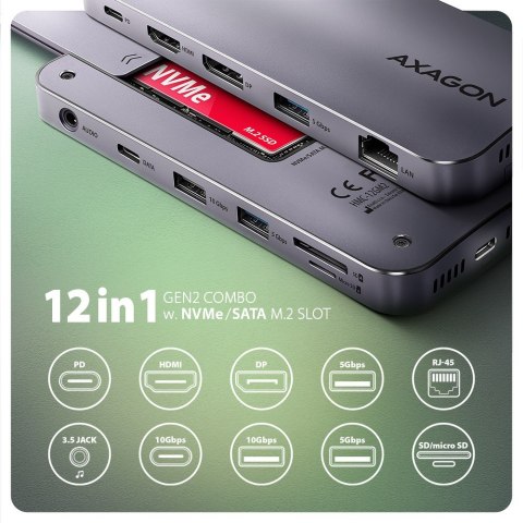 HMC-12GM2 Wieloportowy hub USB + M.2 pozycja, 12in1 10Gbps, 3x USB-A, USB-C, HDMI, DP, RJ-45, SD/mSD, audio, PD HMC-12GM2 Wieloportowy hub USB + M.2 pozycja, 12in1 10Gbps, 3x USB-A, USB-C, HDMI, DP, RJ-45, SD/mSD, audio, PD