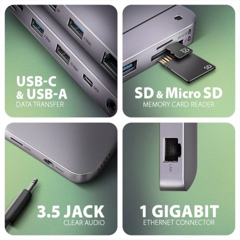 HMC-12GM2 Wieloportowy hub USB + M.2 pozycja, 12in1 10Gbps, 3x USB-A, USB-C, HDMI, DP, RJ-45, SD/mSD, audio, PD HMC-12GM2 Wieloportowy hub USB + M.2 pozycja, 12in1 10Gbps, 3x USB-A, USB-C, HDMI, DP, RJ-45, SD/mSD, audio, PD