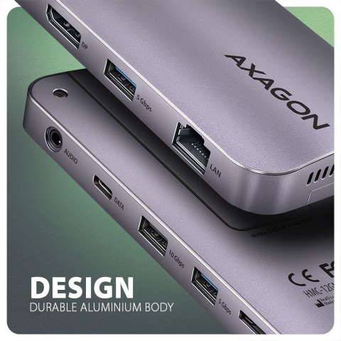 HMC-12GM2 Wieloportowy hub USB + M.2 pozycja, 12in1 10Gbps, 3x USB-A, USB-C, HDMI, DP, RJ-45, SD/mSD, audio, PD HMC-12GM2 Wieloportowy hub USB + M.2 pozycja, 12in1 10Gbps, 3x USB-A, USB-C, HDMI, DP, RJ-45, SD/mSD, audio, PD