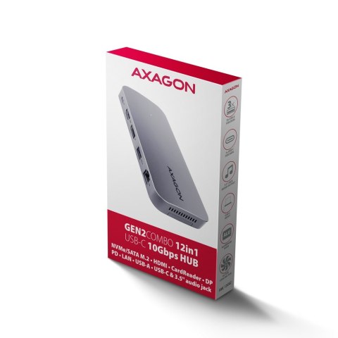 HMC-12GM2 Wieloportowy hub USB + M.2 pozycja, 12in1 10Gbps, 3x USB-A, USB-C, HDMI, DP, RJ-45, SD/mSD, audio, PD HMC-12GM2 Wieloportowy hub USB + M.2 pozycja, 12in1 10Gbps, 3x USB-A, USB-C, HDMI, DP, RJ-45, SD/mSD, audio, PD