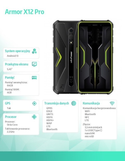 Smartfon Armor X12 PRO 5,45" 4/64GB IP68/IP69K 4860 mAh zielony Smartfon Armor X12 PRO 5,45" 4/64GB IP68/IP69K 4860 mAh zielony