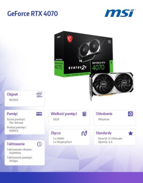 Karta graficzna GeForce RTX 4070 VENTUS 2X E 12GB OC GDDRX6 192bit 3DP Karta graficzna GeForce RTX 4070 VENTUS 2X E 12GB OC GDDRX6 192bit 3DP