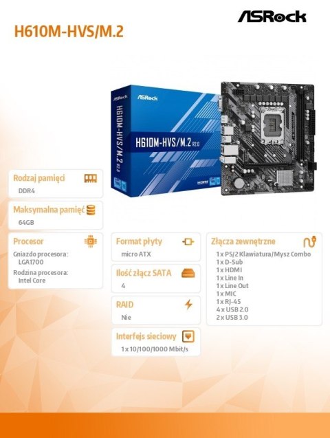 Płyta główna H610M-HVS/M.2 R2.0 s1700 2DDR4 D-Sub/HDMI mATX Płyta główna H610M-HVS/M.2 R2.0 s1700 2DDR4 D-Sub/HDMI mATX