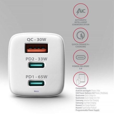 ACU-DPQ65W Ładowarka sieciowa GaN 65W, 3x port (USB-A + dual USB-C) PD3.0/QC4+/PPS/Apple, biała ACU-DPQ65W Ładowarka sieciowa GaN 65W, 3x port (USB-A + dual USB-C) PD3.0/QC4+/PPS/Apple, biała