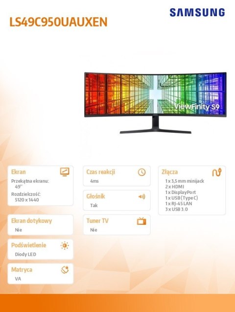 Monitor 49 cali ViewFinity S95UC VA 5120x1440 DQHD 32:9 2xHDMI 1xDP 1xUSB-C (90W) 3xUSB 3.0 LAN 5ms PinP/PbyP 120Hz HAS+PIV gł. 