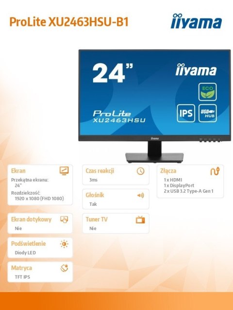 Monitor 24 cale XU2463HSU-B1 IPS,100HZ,ECO,3ms,SLIM,HDMI,DP,2x USB3.2 ,TCO,EPEAT Monitor 24 cale XU2463HSU-B1 IPS,100HZ,ECO,3ms,SLIM,HDMI,DP,2x USB3.2 ,TCO,EPEAT