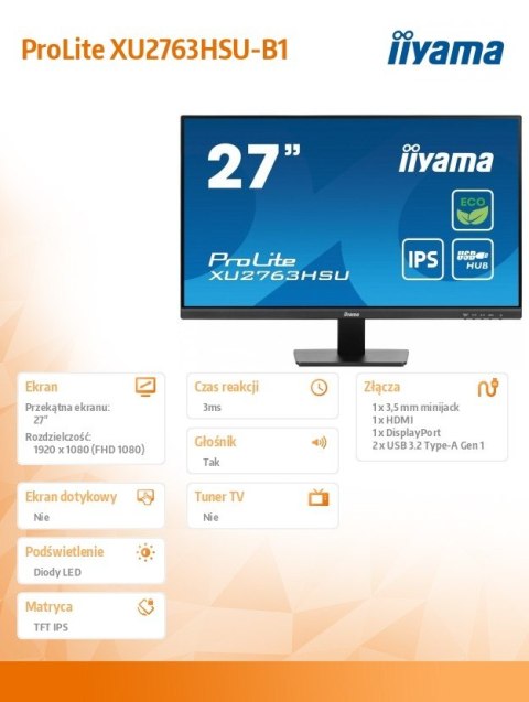 Monitor 27 cali ProLite XU2763HSU-B1 IPS,100HZ,ECO,3ms,SLIM,HDMI,DP,2x USB3.2 TCO,EPEAT Monitor 27 cali ProLite XU2763HSU-B1 IPS,100HZ,ECO,3ms,SLIM,HDMI,DP,2x USB3.2 TCO,EPEAT