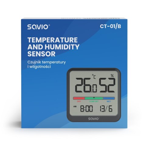Czujnik temperatury i wilgotności, do użytku wewnętrznego, ekran LCD, zegar, data, uchwyt z magnesem, CT-01/B Czarny Czujnik temperatury i wilgotności, do użytku wewnętrznego, ekran LCD, zegar, data, uchwyt z magnesem, CT-01/B Czarny