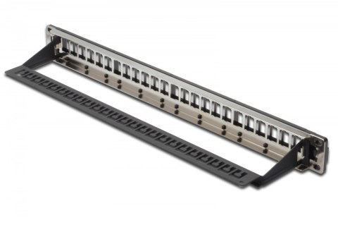 Panel krosowy (patch panel) modularny 19" 24 porty pod moduły keystone, 1U, ekranowany, prowadnica kabli, wymienne pola opisowe Panel krosowy (patch panel) modularny 19" 24 porty pod moduły keystone, 1U, ekranowany, prowadnica kabli, wymienne pola opisowe