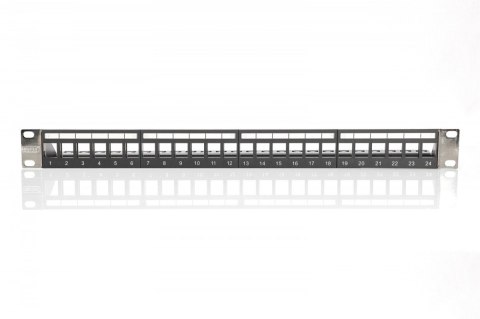Panel krosowy (patch panel) modularny 19" 24 porty pod moduły keystone, 1U, ekranowany, prowadnica kabli, wymienne pola opisowe Panel krosowy (patch panel) modularny 19" 24 porty pod moduły keystone, 1U, ekranowany, prowadnica kabli, wymienne pola opisowe