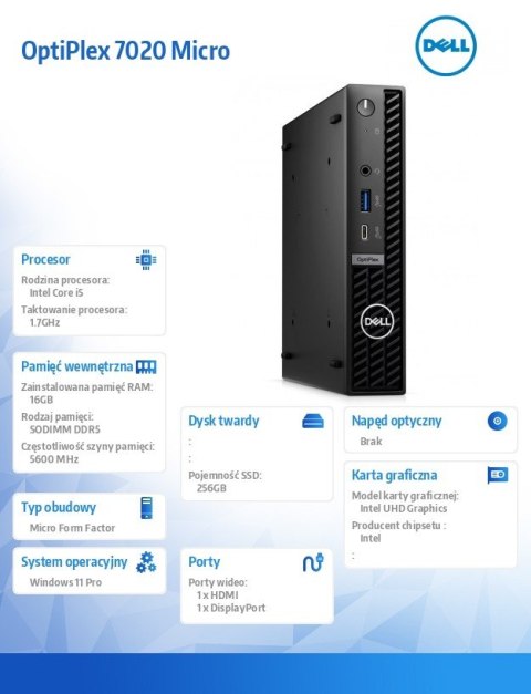 Komputer Optiplex MFF/Core i5-14500T/16GB/256GB SSD/Integrated/WLAN + BT/Kb/Mouse/W11Pro Komputer Optiplex MFF/Core i5-14500T/16GB/256GB SSD/Integrated/WLAN + BT/Kb/Mouse/W11Pro
