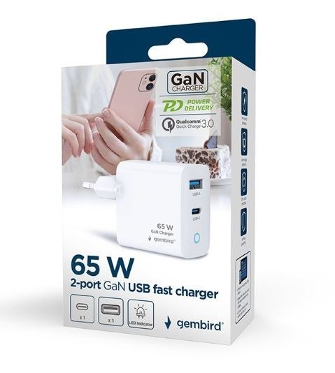Ładowarka USB-A/C GaN LED 65W PD QC3.0 biała Ładowarka USB-A/C GaN LED 65W PD QC3.0 biała