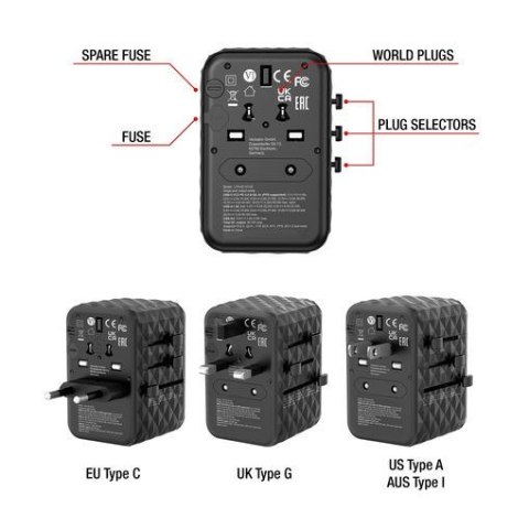Adapter podróżny UTA-05 32120 ładowarka GaN 65W 180 krajów, 2x USB-C, 2x USB-A, PD 65W, QC 4+ Adapter podróżny UTA-05 32120 ładowarka GaN 65W 180 krajów, 2x USB-C, 2x USB-A, PD 65W, QC 4+