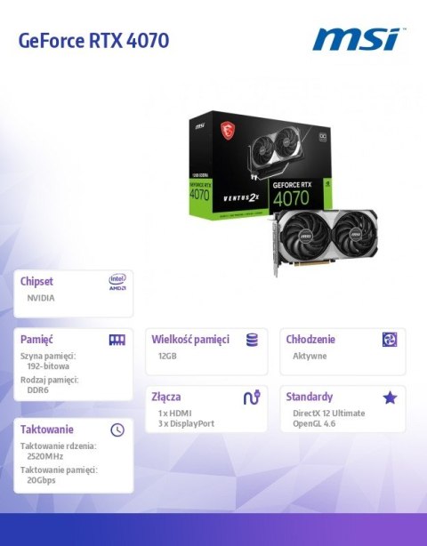 Karta graficzna GeForce RTX 4070 VENTUS 2X E1 12G OC GDDR6 192bit 3DP Karta graficzna GeForce RTX 4070 VENTUS 2X E1 12G OC GDDR6 192bit 3DP