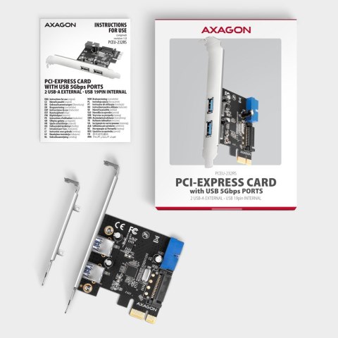PCEU-232RS Kontroler PCIe 2+2x port USB 3.2 GEN 1, UASP, SP & LP 15-pin SATA zasilacz PCEU-232RS Kontroler PCIe 2+2x port USB 3.2 GEN 1, UASP, SP & LP 15-pin SATA zasilacz
