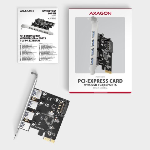PCEU-430RS Kontroler PCIe 4x port USB 3.2 GEN 1, UASP, chipset Renesas, 15-pin SATA zasilacz PCEU-430RS Kontroler PCIe 4x port USB 3.2 GEN 1, UASP, chipset Renesas, 15-pin SATA zasilacz