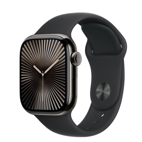 Watch Series 10 GPS + Cellular, koperta 42 mm z tytanu w kolorze łupkowym z paskiem sportowym w kolorze czarnym - rozmiar M/L Watch Series 10 GPS + Cellular, koperta 42 mm z tytanu w kolorze łupkowym z paskiem sportowym w kolorze czarnym - rozmiar M/L