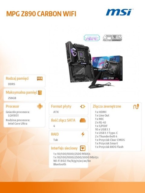 Płyta główna MPG Z890 CARBON WIFI s1851 4DDR5 HDMI/DP ATX Płyta główna MPG Z890 CARBON WIFI s1851 4DDR5 HDMI/DP ATX