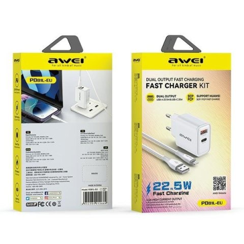 Ładowarka sieciowa GaN PD81L 22,5W USB+USB-C + Kabel USB/Lightning Ładowarka sieciowa GaN PD81L 22,5W USB+USB-C + Kabel USB/Lightning
