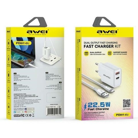 Ładowarka sieciowa GaN PD81T 22,5W USB+USB-C + kabel USB/USB-C Ładowarka sieciowa GaN PD81T 22,5W USB+USB-C + kabel USB/USB-C