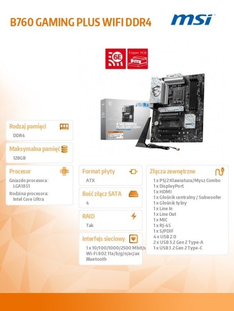 Płyta główna B760 GAMING PLUS WIFI s1700 4DDR4 DP/HDMI ATX Płyta główna B760 GAMING PLUS WIFI s1700 4DDR4 DP/HDMI ATX