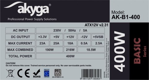 Zasilacz ATX 400W AK-B1-400 P4 3x SATA 2x Molex PPFC FAN 12CM Zasilacz ATX 400W AK-B1-400 P4 3x SATA 2x Molex PPFC FAN 12CM