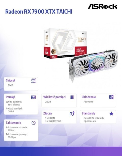 Karta graficzna Radeon RX 7900 XTX TAICHI 24GB OC GDDR6 384bit biała Karta graficzna Radeon RX 7900 XTX TAICHI 24GB OC GDDR6 384bit biała