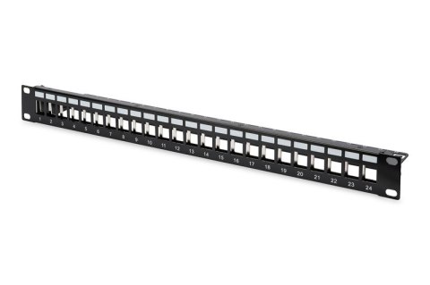Panel krosowy (patch panel) modularny 19" 24 porty pod moduły keystone, 1U, ekranowany, prowadnica kabli, pola opisowe, czarny Panel krosowy (patch panel) modularny 19" 24 porty pod moduły keystone, 1U, ekranowany, prowadnica kabli, pola opisowe, czarny