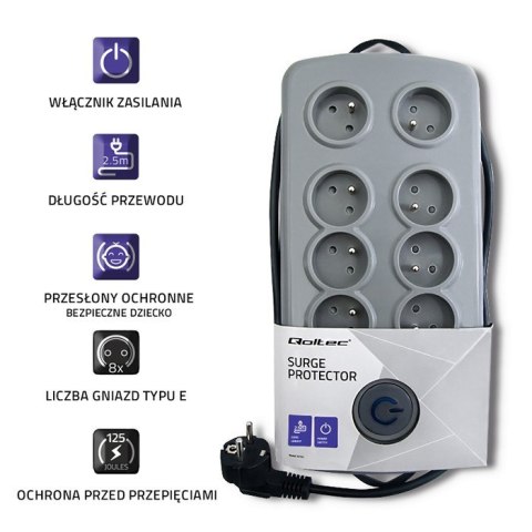 Listwa antyprzepięciowa Quick Switch, 8 gniazd, 2,5m, szara Listwa antyprzepięciowa Quick Switch, 8 gniazd, 2,5m, szara