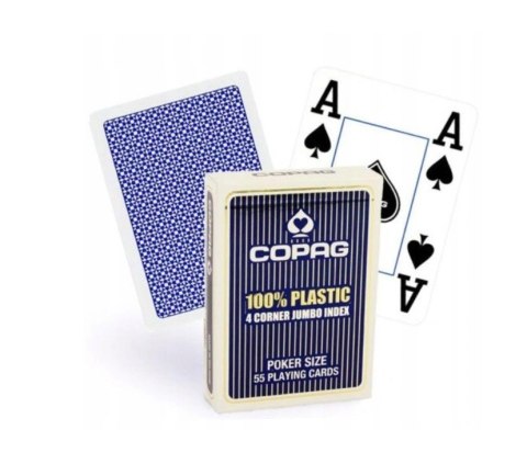Karty Pokera 100% Plastik PKJ4. Talia niebieska, duży index w 4 rogach Karty Pokera 100% Plastik PKJ4. Talia niebieska, duży index w 4 rogach